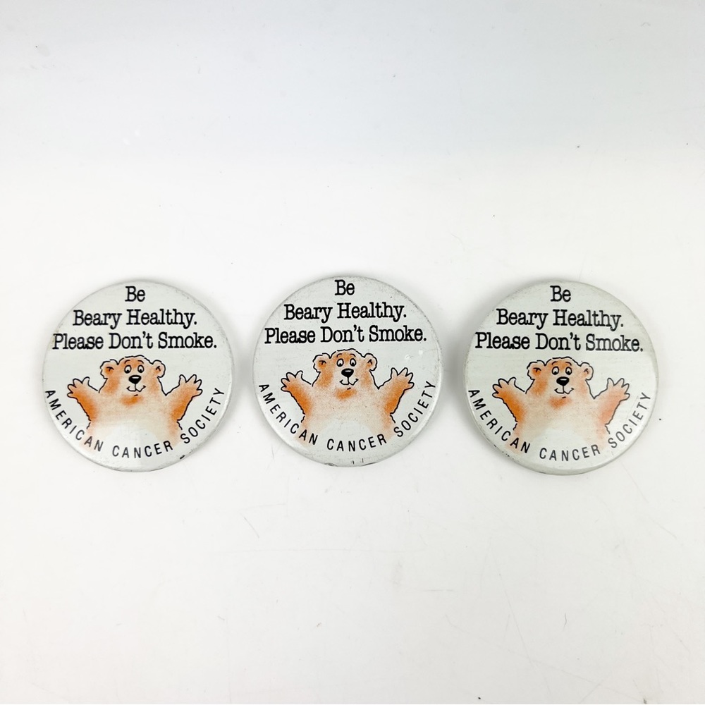 3 American Cancer Society Be Beary Healthy Please Don't Smoke Button Pinback